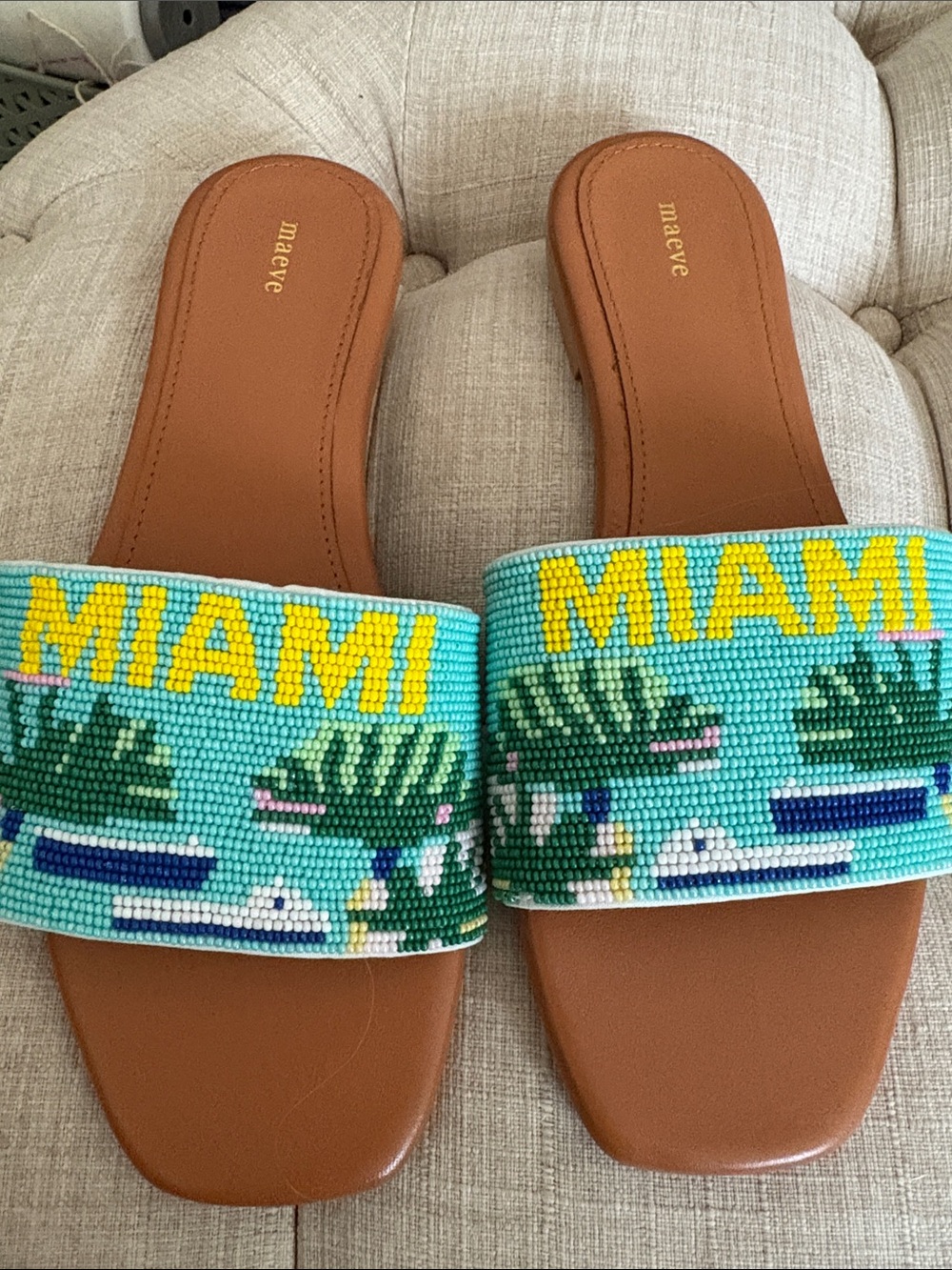 Anthropologie Maeve Turquoise Beaded 'MIAMI' Slide Sandals with Tan Footbed NWOT